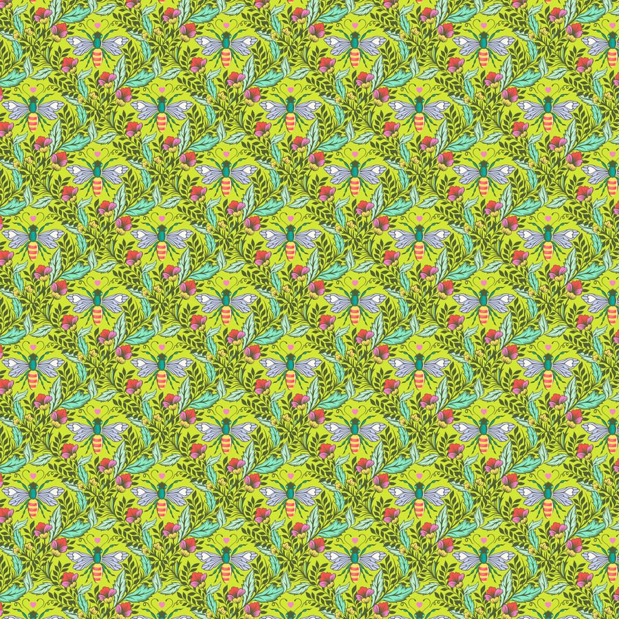 The image is a repeating pattern of green leaves, flowers, and insects on a yellow background.