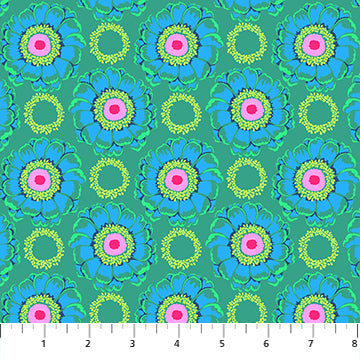 a repeating pattern of blue and green flowers with pink centers, arranged in a grid-like fashion.