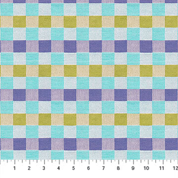 The image is a fabric with a checkered pattern of various colors, including shades of blue, green, purple, and yellow. The pattern repeats across the entire fabric, creating a visually striking and vibrant design.