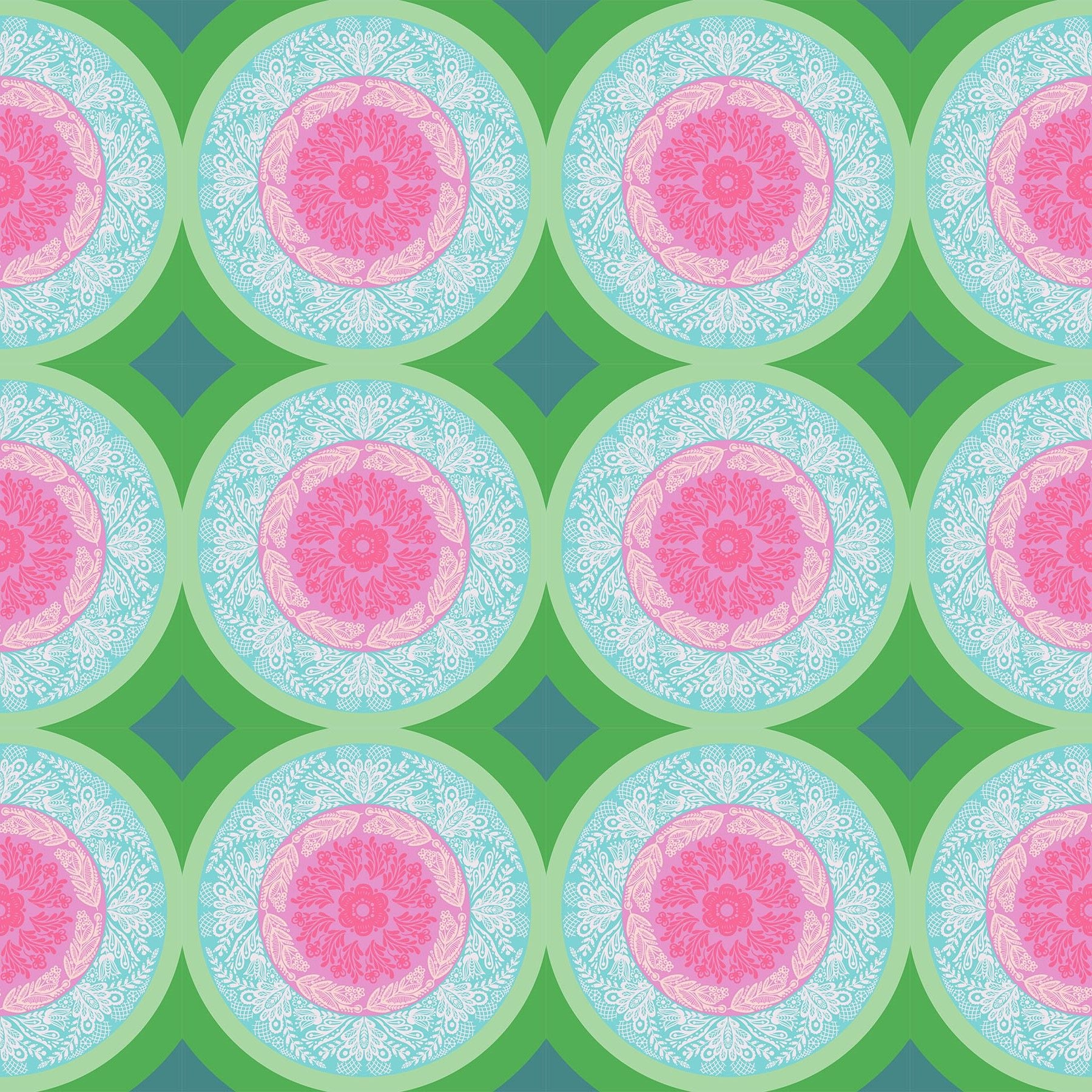 The image is a repeating pattern of circular designs with pink and green elements, creating a visually appealing and symmetrical design.
