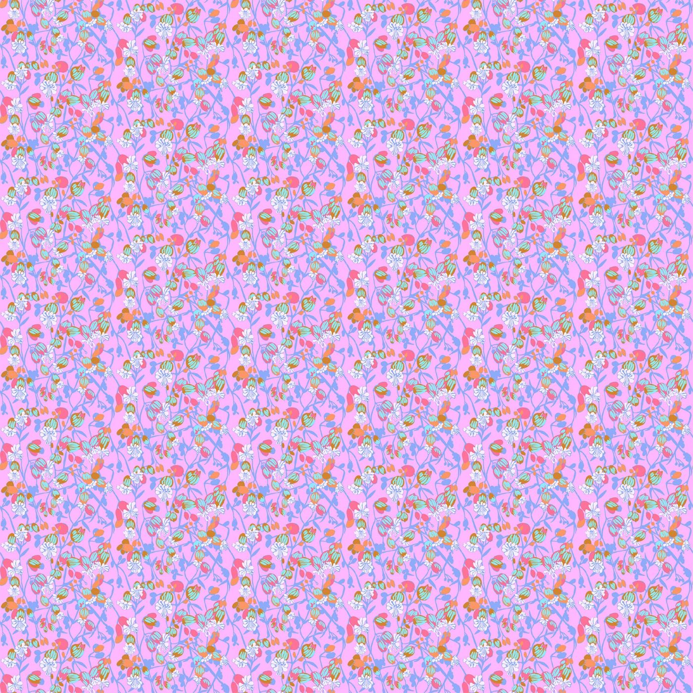 a repeating pattern of pink and blue flowers and leaves on a pink background.