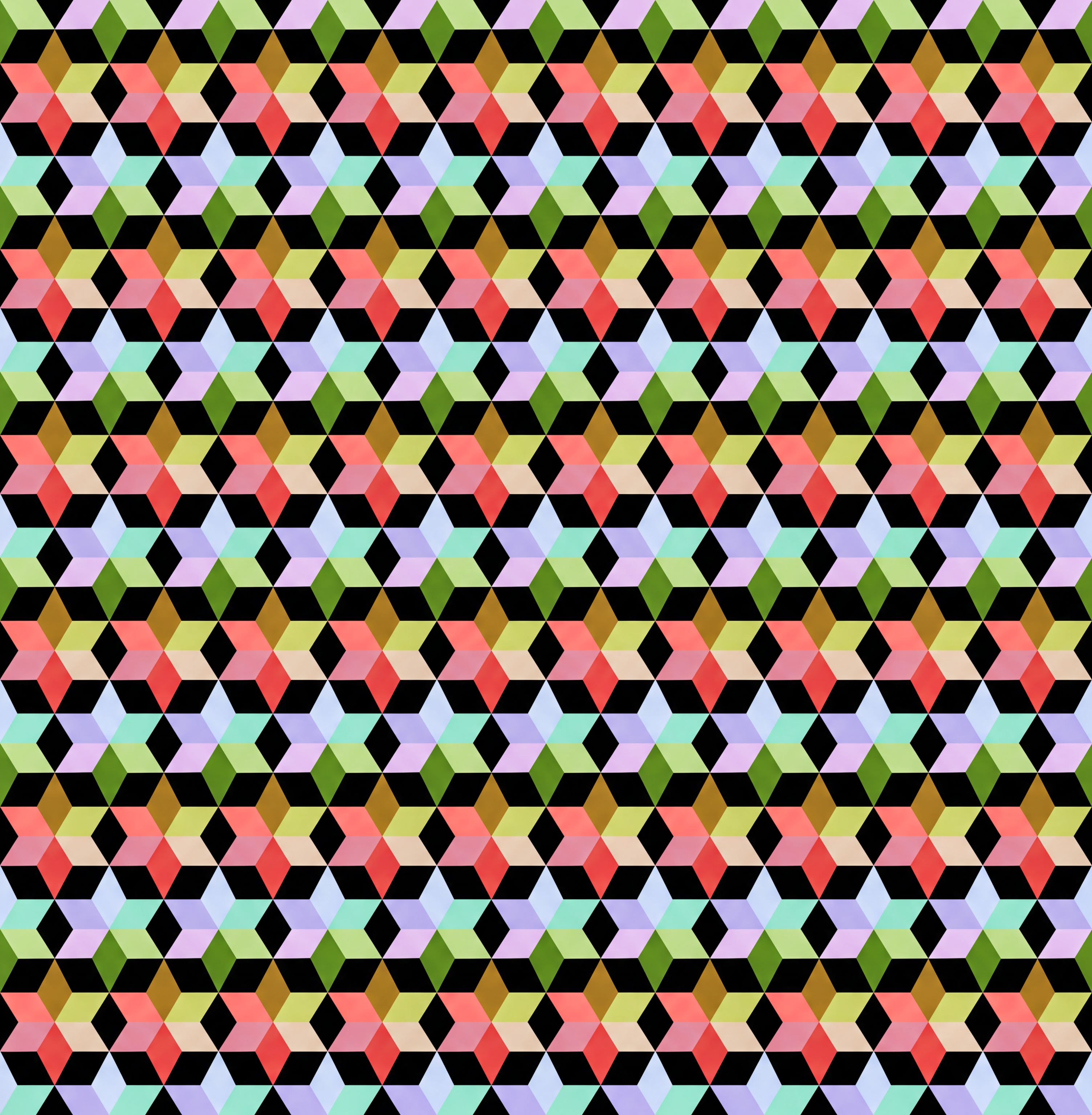 The image is a repeating pattern of colorful geometric shapes, including triangles, diamonds, and squares, arranged in a grid-like fashion. The shapes are in various shades of green, orange, purple, and pink, creating a vibrant and visually striking design.