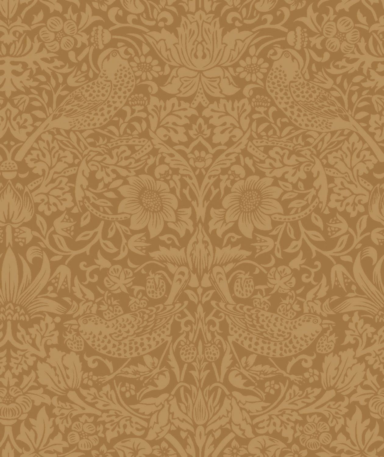 a repeating pattern of ornate floral and bird designs in a warm, golden color.