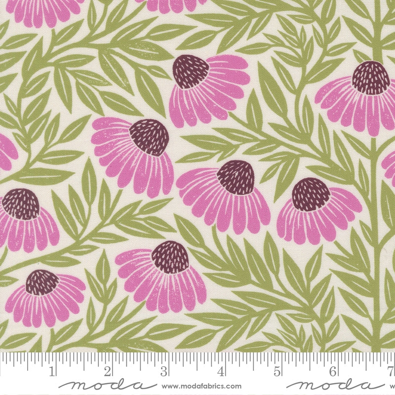 a repeating pattern of pink flowers with green leaves on a white background.