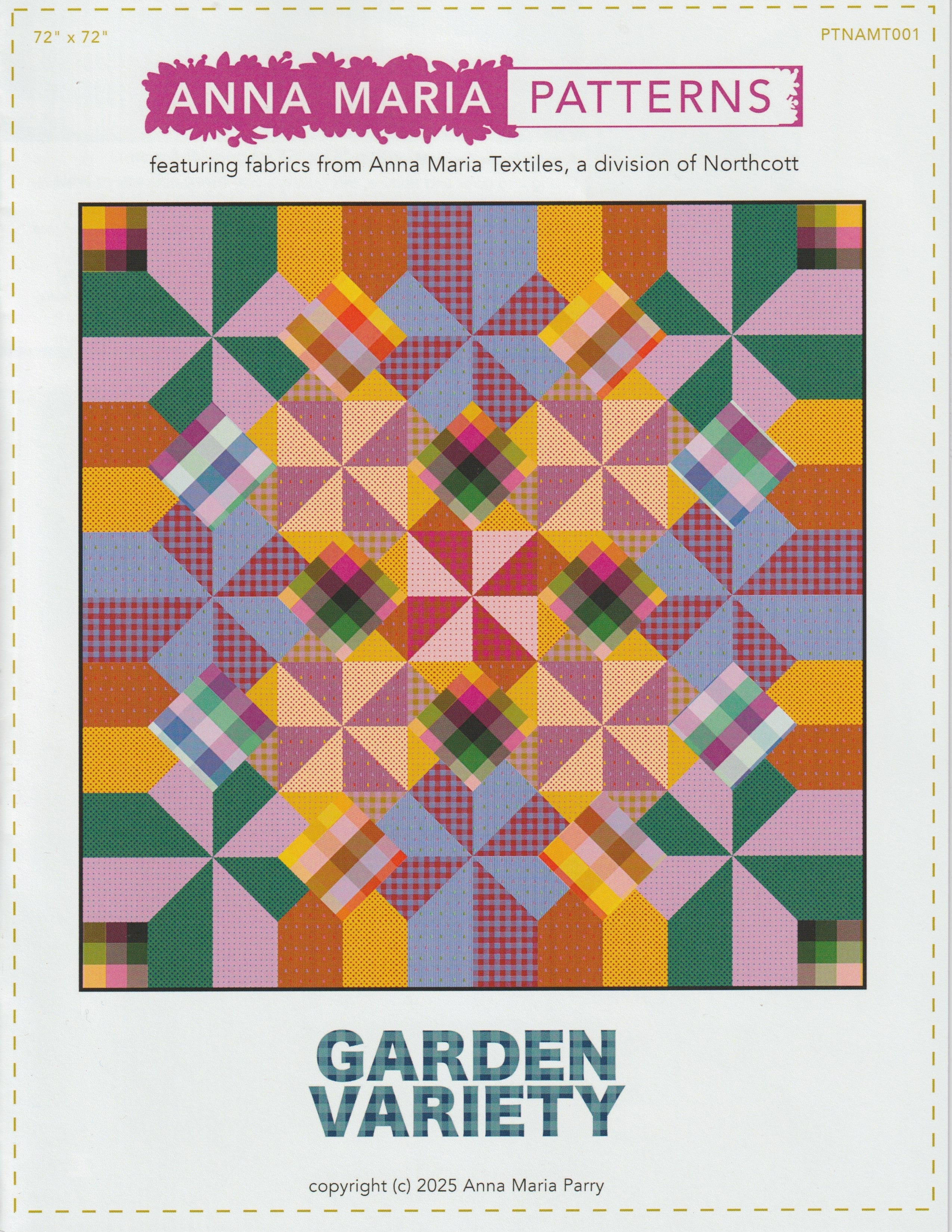 The image is a colorful quilt pattern titled "Garden Variety" from "Anna Maria Patterns", featuring fabrics from Anna Maria Textiles, a division of Northcott.