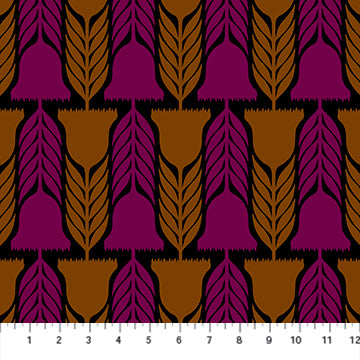a repeating pattern of purple flowers with brown leaves against a black background.