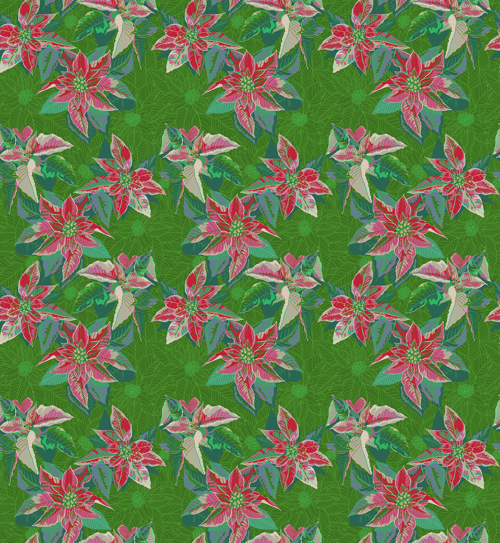 a repeating pattern of red poinsettia flowers against a green background.