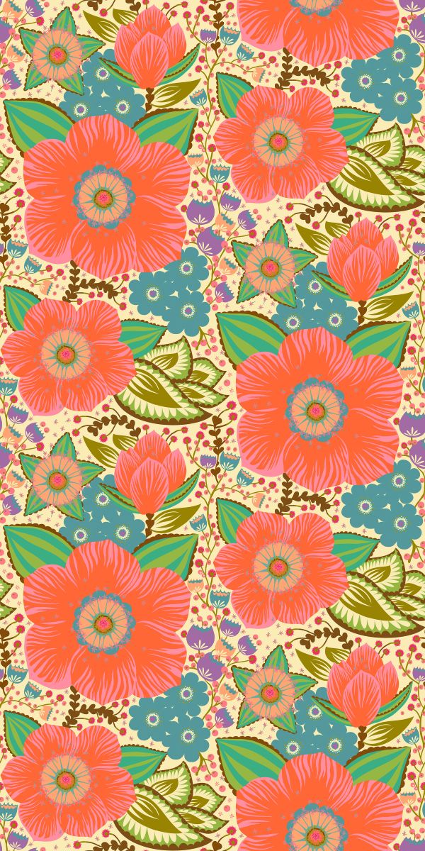 a vibrant and colorful floral pattern with large, bright orange flowers and various green leaves. The pattern is composed of multiple repeating floral and leaf designs, creating a visually striking and dynamic composition.
