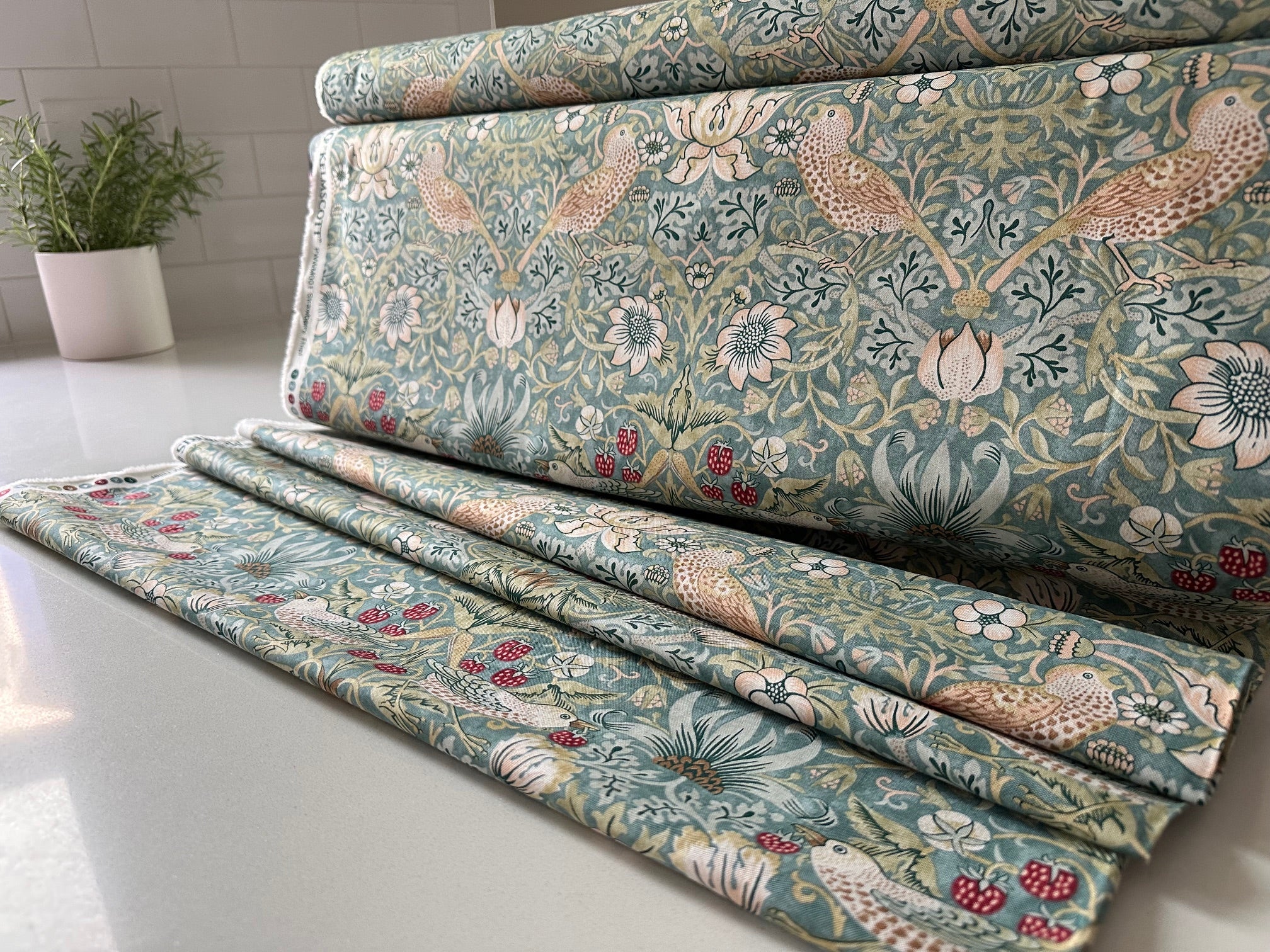 William Morris Strawberry Thief Aqua Fabric - Kelmscott PWWM001