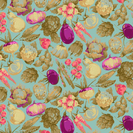 GARDEN-Garden Veggies, PWMN028.AQUA, by Martha Negley for Free Spirit Fabrics