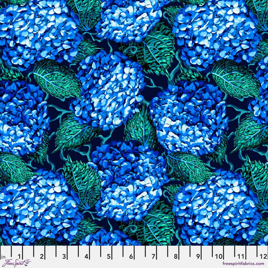 Hydrangea Hedgerow Lg Delphinium, Florescence, PWVE018.DELPHINIUM by Sam Wilde for Free Spirit Fabrics
