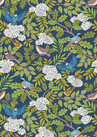Birds on Dark Blue-A817.3, CLEARBURY DOWN, Lewis and Irene Fabric, Cotton Quilting Fabric, Fabric By The Yard