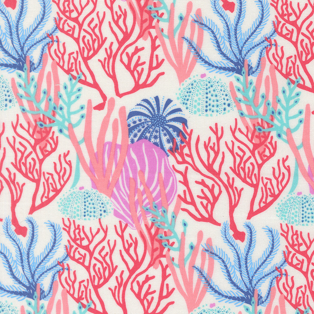 a vibrant and colorful pattern of coral and marine life, including various types of coral, sea anemones, and other sea creatures, all set against a white background.