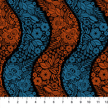 a repeating pattern of blue and orange flowers and leaves on a black background.