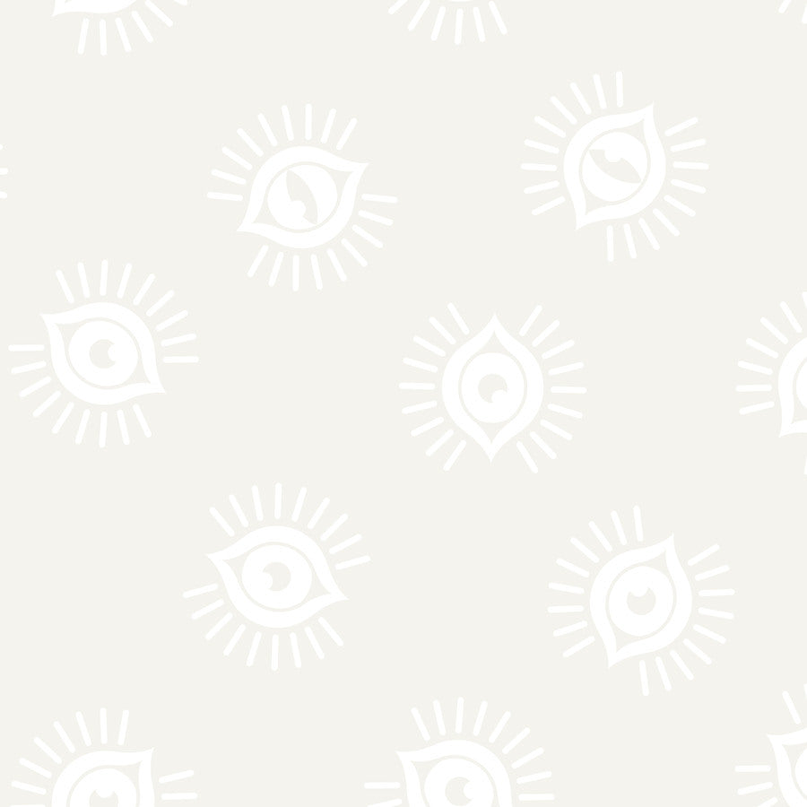 a repeating pattern of white eye-like symbols or icons, each with a sunburst design, creating a visually striking and minimalist design.