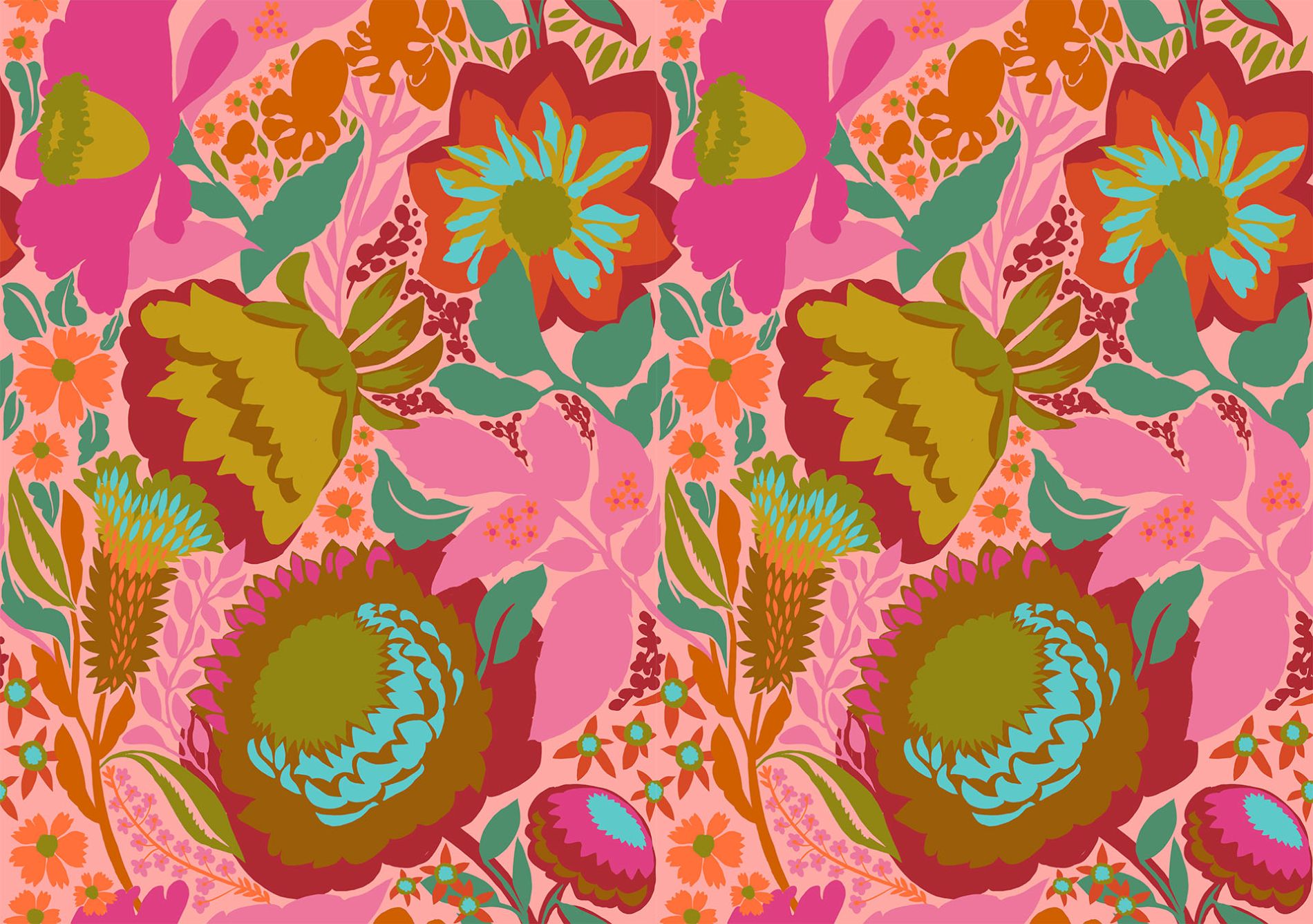 The image is a vibrant and colorful floral pattern featuring a variety of flowers and leaves in shades of pink, orange, green, and blue. The pattern is filled with a diverse array of flowers and foliage, creating a visually striking and lively composition.
