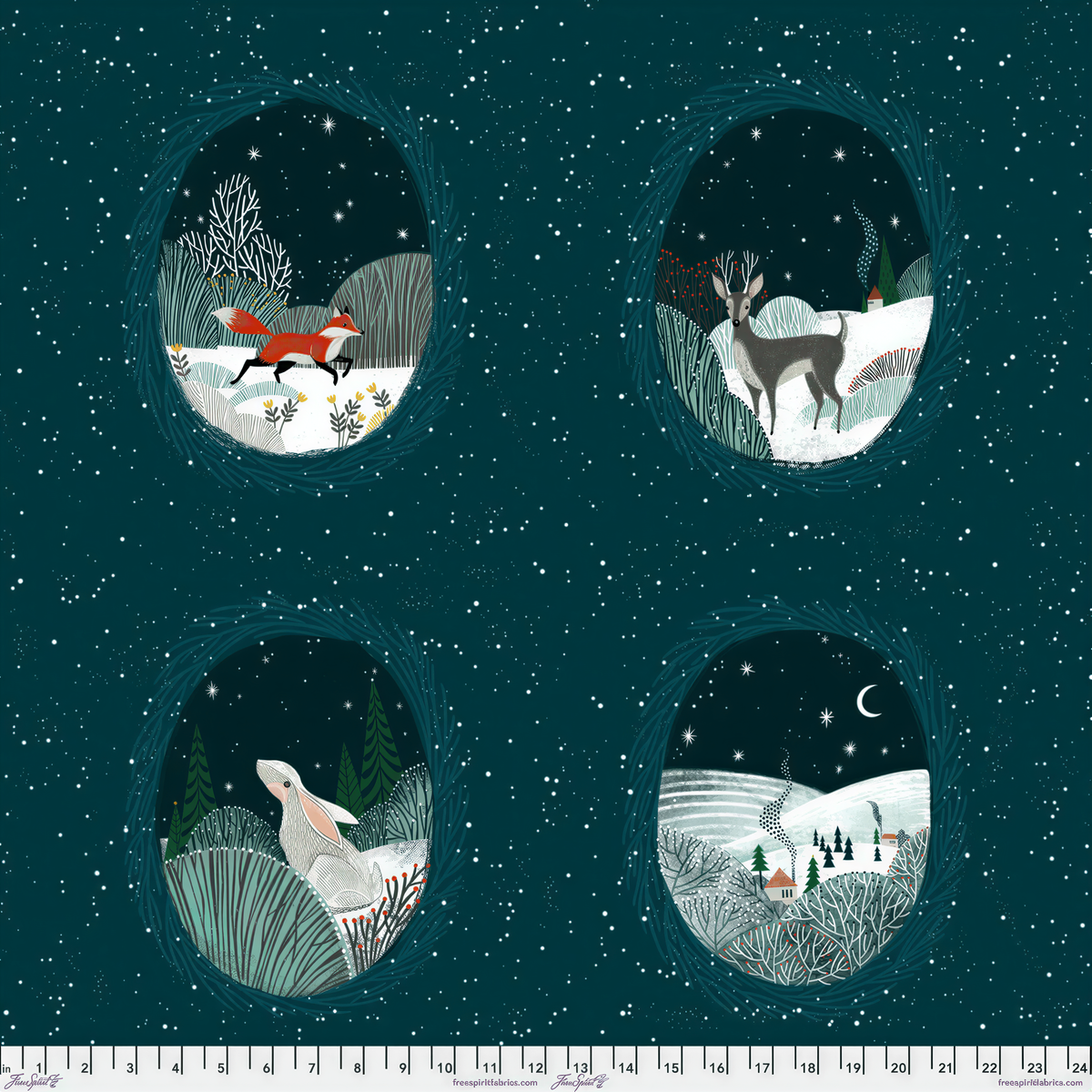 The image is a collage of four pictures depicting various winter scenes, including a fox, a deer, a rabbit, and a snowy landscape with a crescent moon.