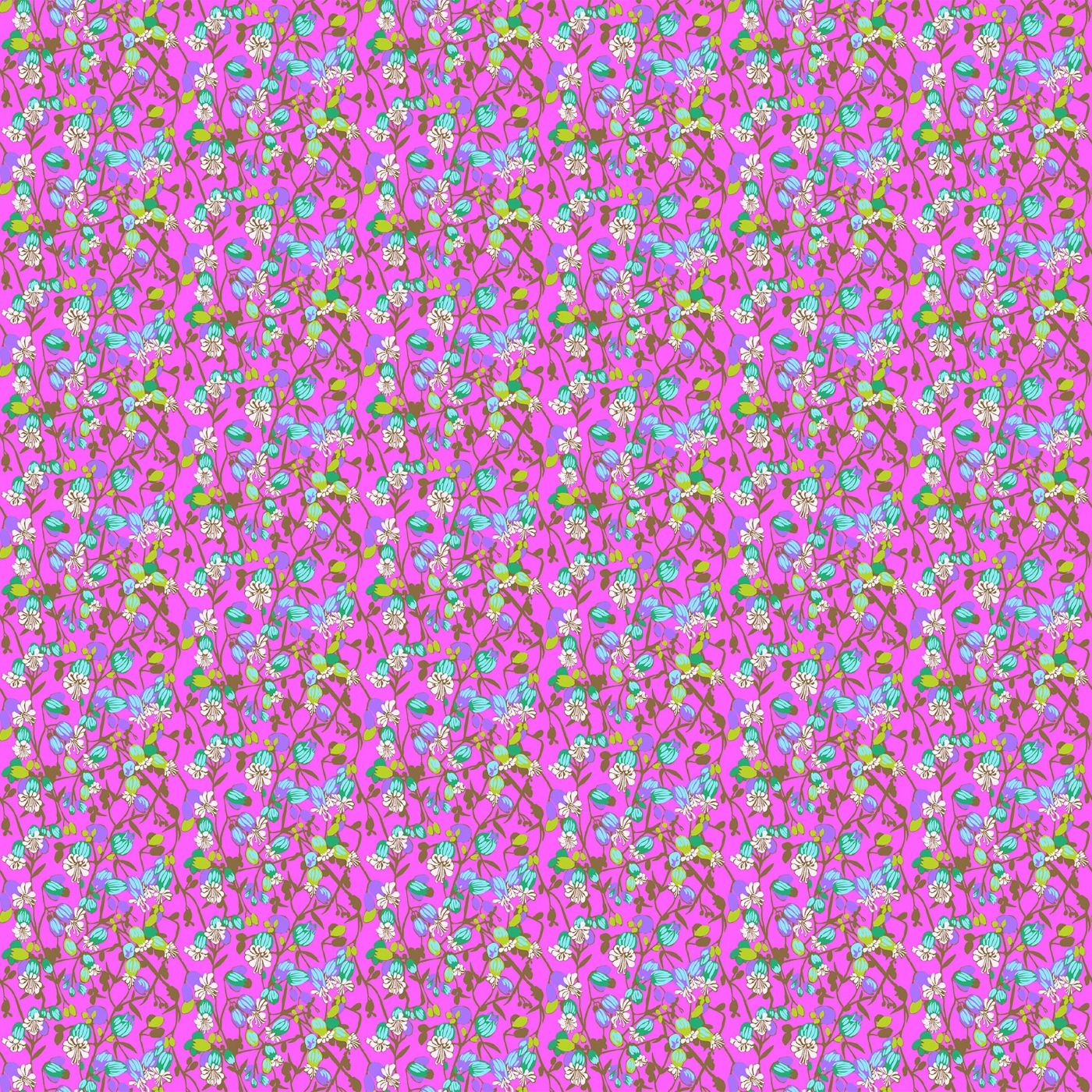 The image is a repeating pattern of pink flowers with green leaves against a pink background.