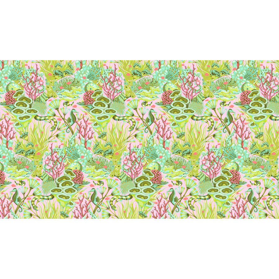 a vibrant and colorful pattern of various marine life and plants, including sea creatures, coral, and seaweed, all set against a bright green background.