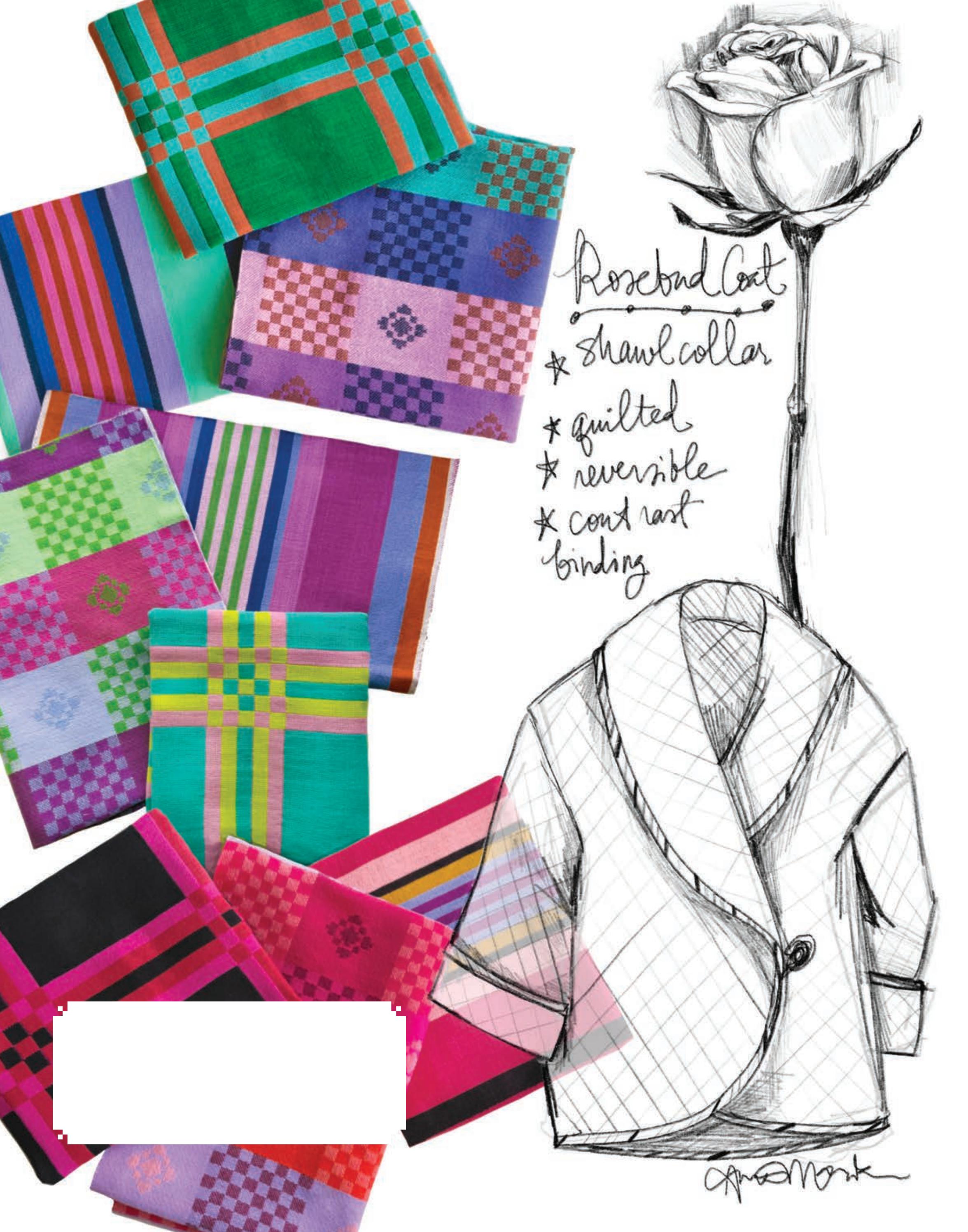 The image is a collage of various colorful fabrics and a sketch of a rose-colored coat with a shawl collar.