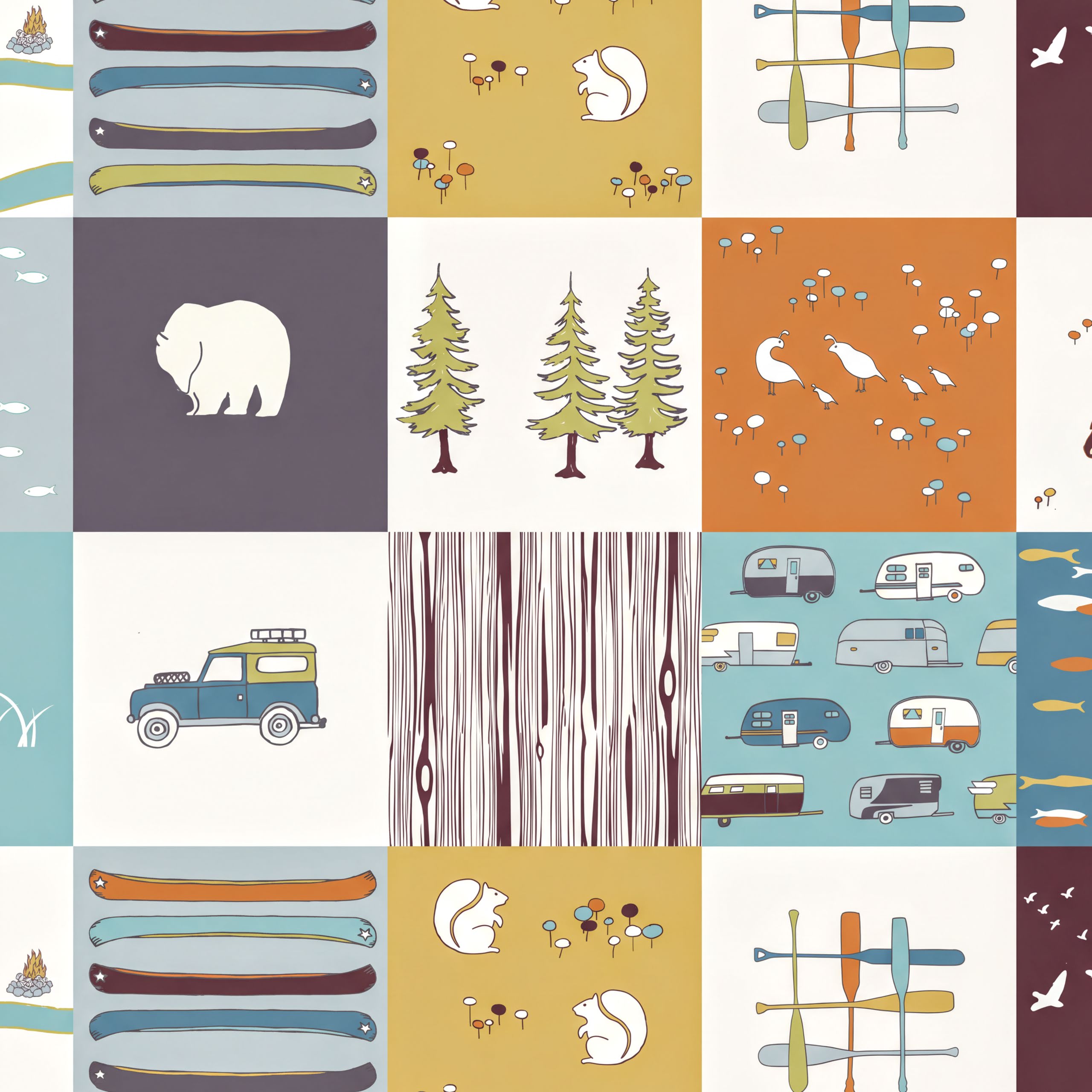 The image is a collage of various illustrations and patterns, including a bear, pine trees, a car, a camper, and other camping-related elements.