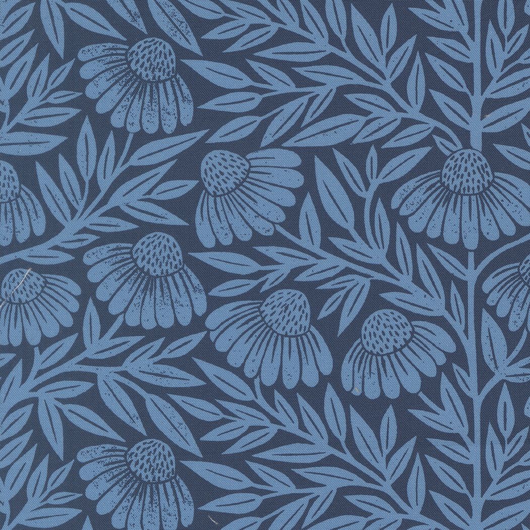 a repeating pattern of stylized blue flowers and leaves on a dark blue background.