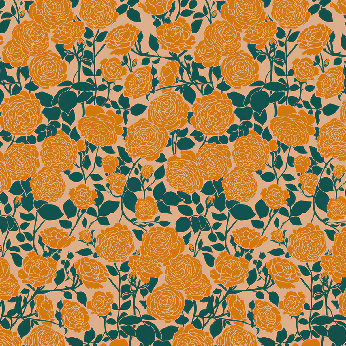 The image is a repeating pattern of orange roses with green leaves against a light peach background.
