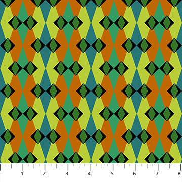 a repeating pattern of diamond shapes in various colors, including green, orange, and yellow, arranged in a diagonal pattern.
