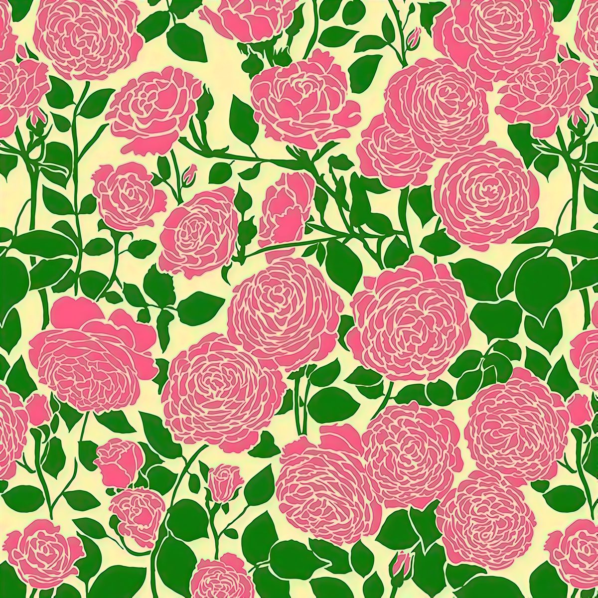 The image is a repeating pattern of pink roses with green leaves against a yellow background.