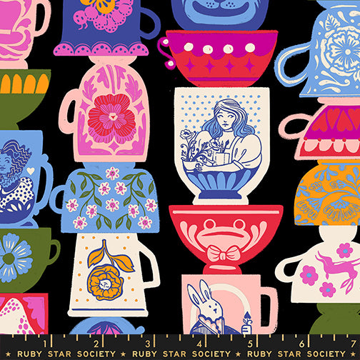 The image is a collage of various colorful and whimsical mugs and teacups, each with unique designs and patterns.