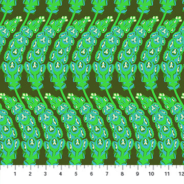a repeating pattern of green and white flowers or leaves, arranged in a diagonal line across the frame.