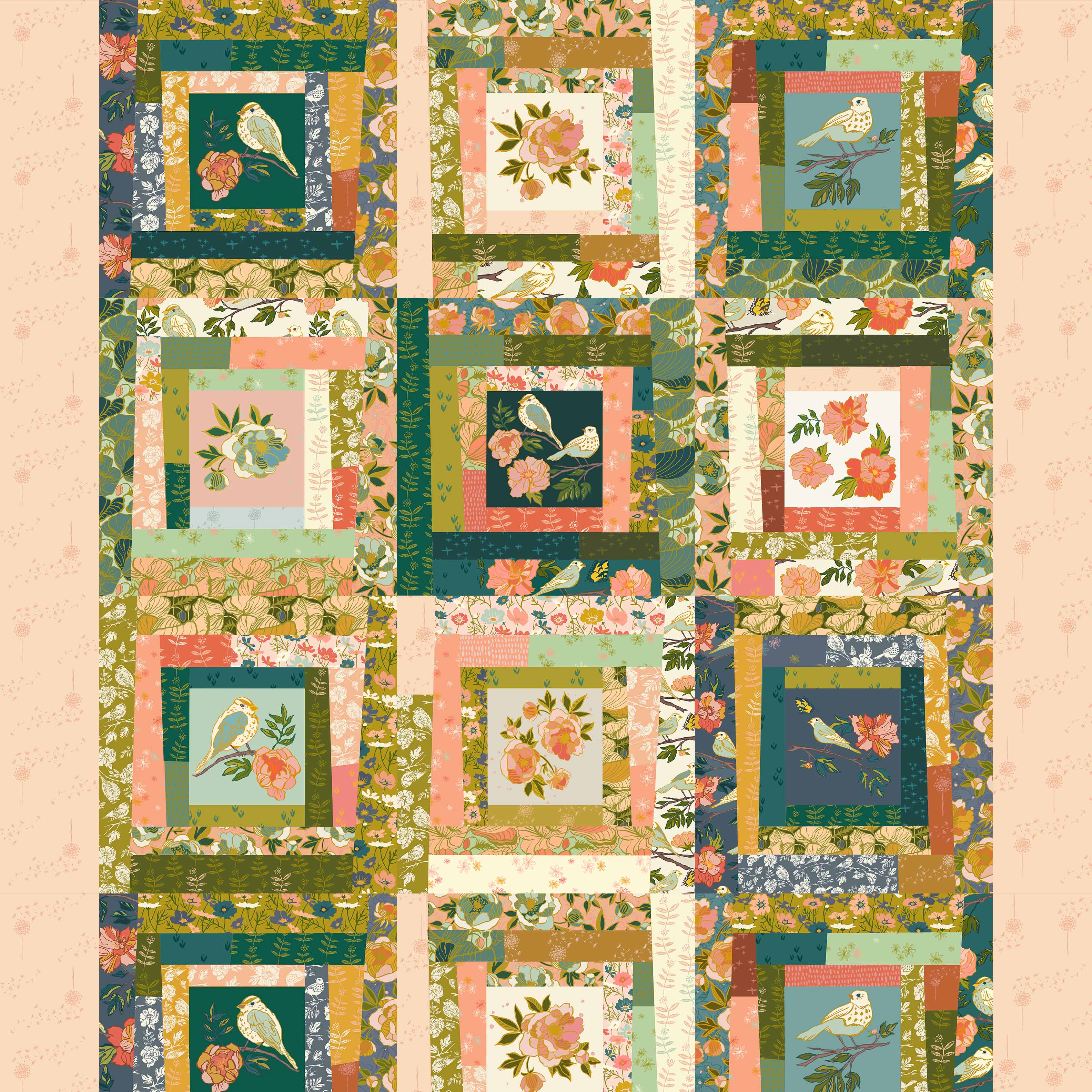 The image is a vibrant and colorful quilt composed of various square blocks, each filled with a different floral pattern and bird motif. The quilt is a patchwork of squares and rectangles, creating a visually striking and intricate design.