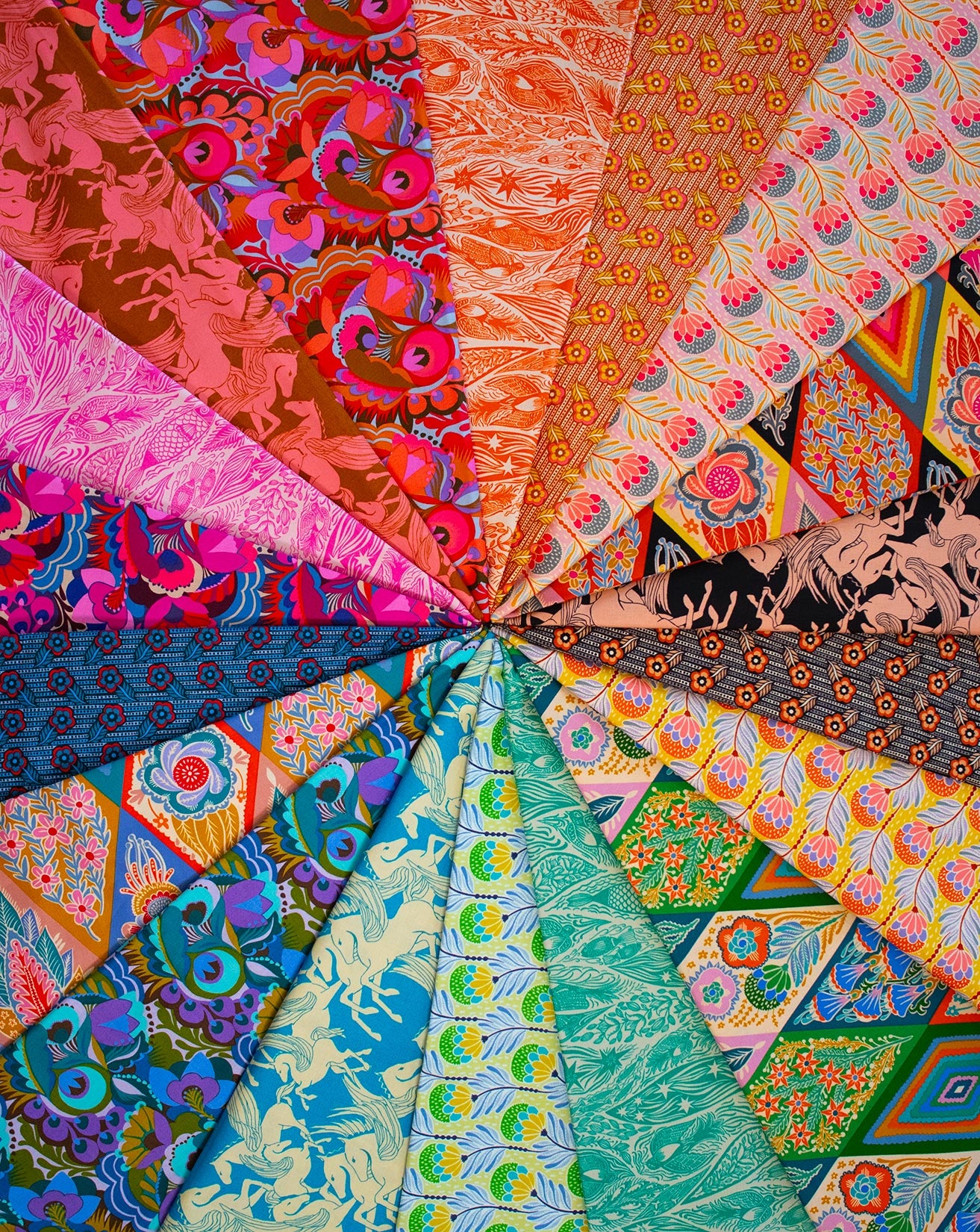 The image is a vibrant and colorful collage of various patterns and designs, including floral, geometric, and abstract motifs, arranged in a radial pattern.