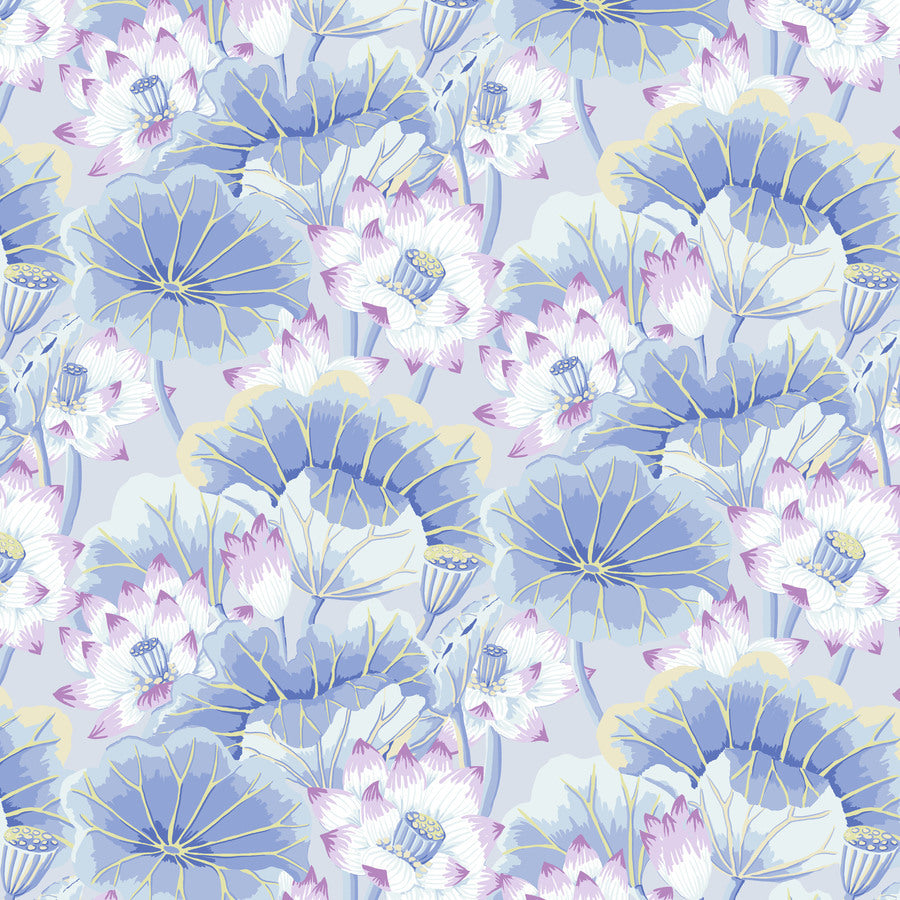 a repeating pattern of blue and white lotus flowers with yellow centers, creating a visually appealing and harmonious design.