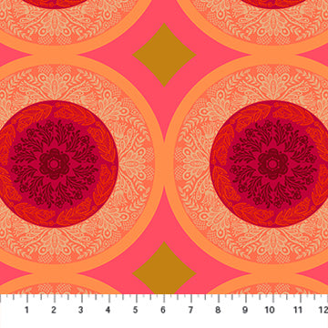 a repeating pattern of circular designs in shades of pink and orange, with a central diamond shape.