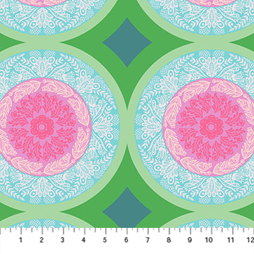 a repeating pattern of circular designs with pink and green floral motifs. The designs are arranged in a symmetrical manner, creating a visually appealing and harmonious composition.
