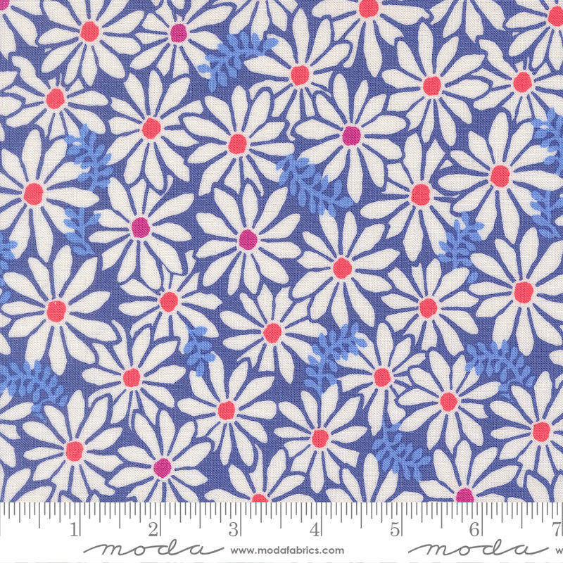 a repeating pattern of white and red flowers on a blue background.