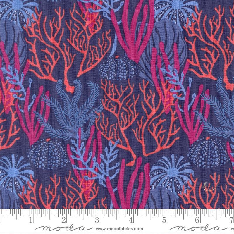 a vibrant and colorful pattern of coral reefs and marine life, including various types of sea creatures and plants, all set against a dark blue background.