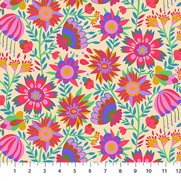 The image is a vibrant and colorful floral pattern with various flowers and leaves in shades of pink, blue, green, and yellow. The pattern is composed of multiple images, creating a visually appealing and intricate design.