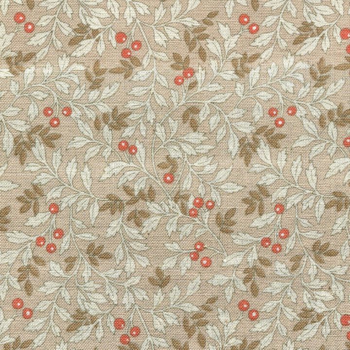 a repeating pattern of red berries and leaves on a beige background.