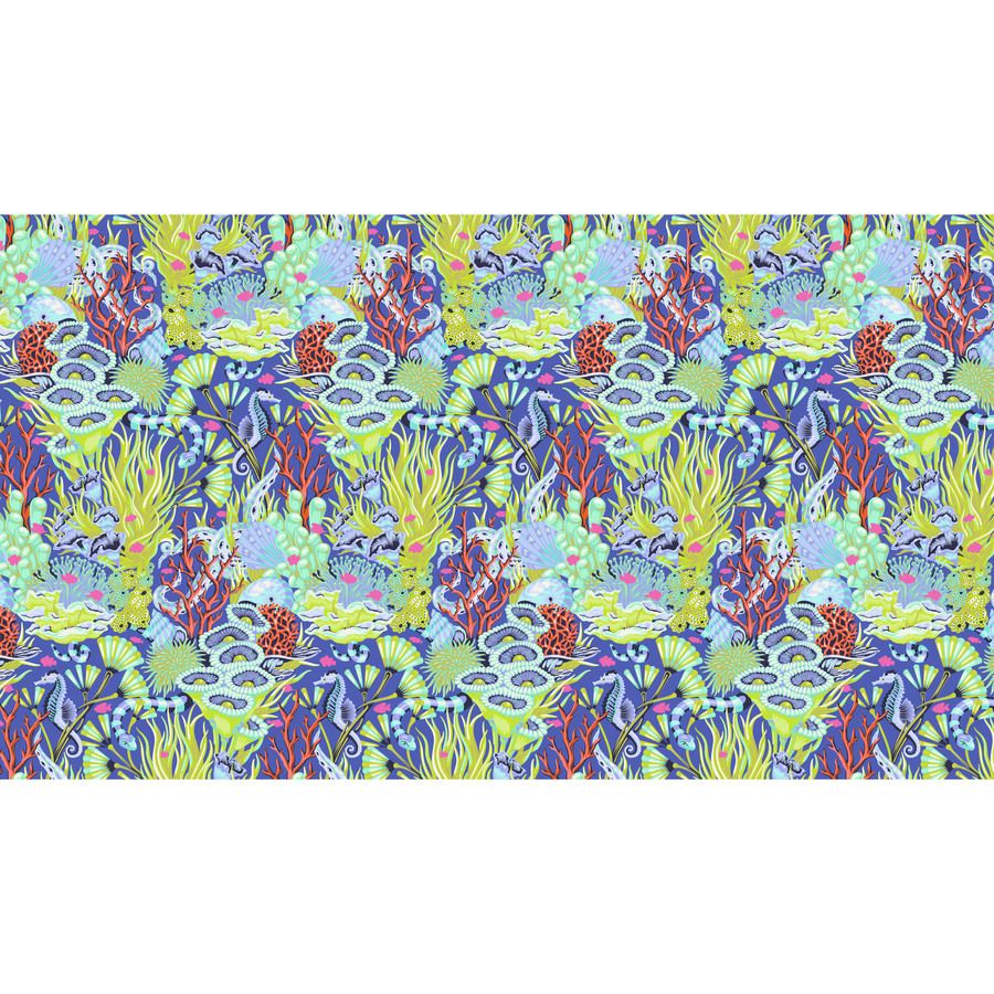 The image is a vibrant and colorful pattern featuring various marine life and underwater elements, such as fish, coral, seaweed, and other sea creatures, all set against a backdrop of blue and green hues.