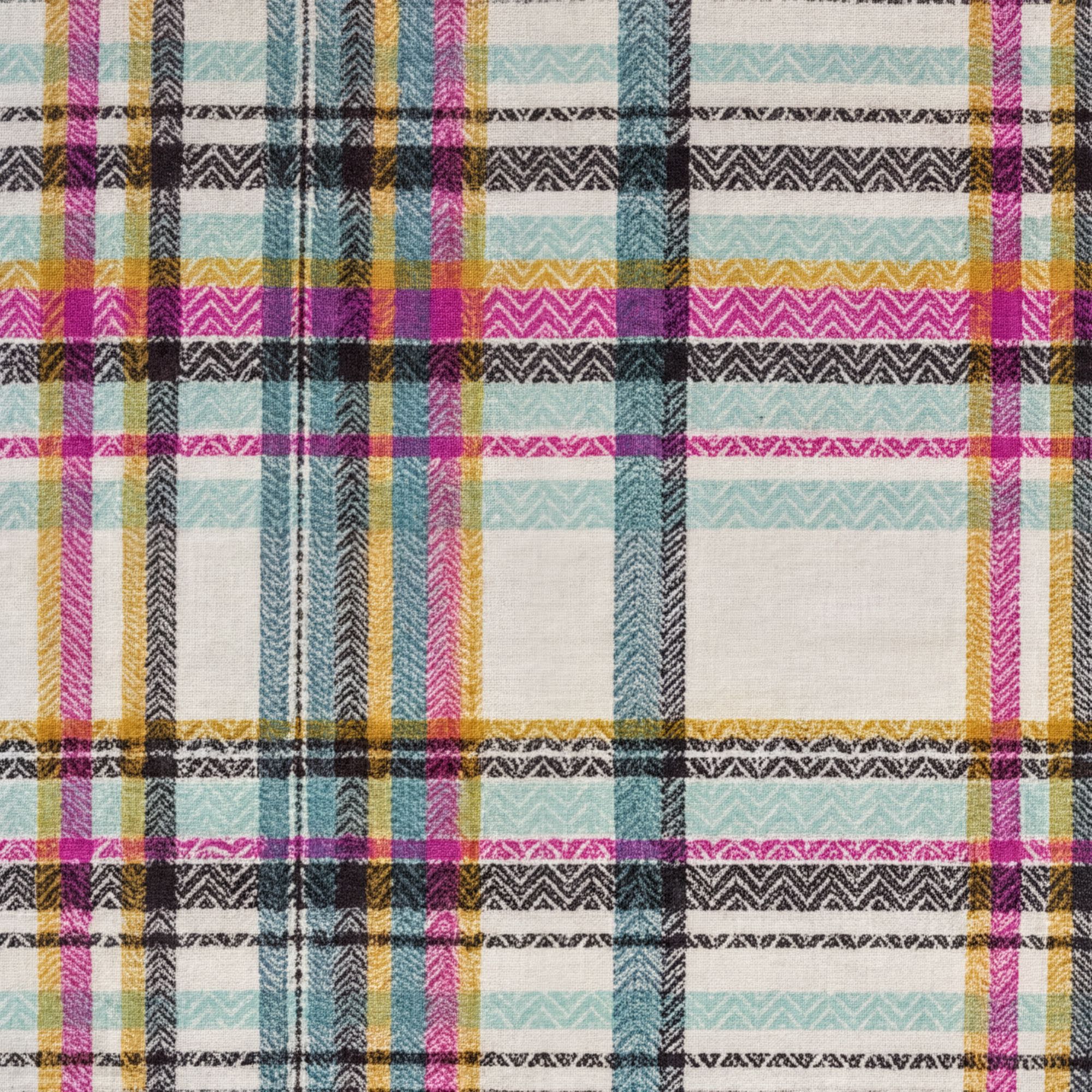 a close-up view of a fabric with a vibrant, colorful plaid pattern. The fabric has a repeating diagonal grid of stripes in various colors, including shades of pink, blue, green, and yellow. The pattern creates a visually striking and textured appearance.