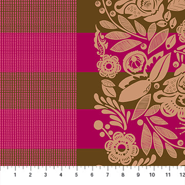 The image is a close-up of a fabric with a floral pattern in shades of pink and brown. The fabric appears to be a part of a larger textile, as indicated by the presence of a ruler for scale.