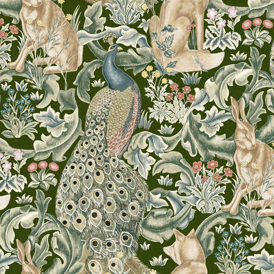 The image is a detailed tapestry featuring a peacock, a rabbit, and other animals in a lush, green forest setting.