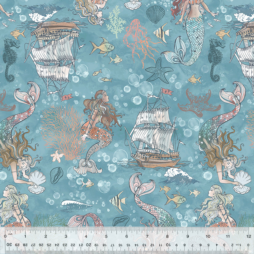 The image is a vibrant and whimsical illustration featuring mermaids, a ship, and various marine life such as fish and bubbles. The mermaids are depicted in different poses and interacting with the ship and other elements of the underwater scene. The overall color palette is a mix of blues, greens, and pinks, creating a lively and enchanting atmosphere. The image is a collage of multiple smaller images, and there is a ruler in the bottom right corner for scale.