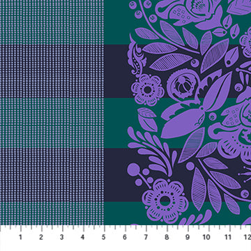 The image is a close-up of a fabric with a floral pattern in shades of purple and green. The fabric appears to be a textile, possibly a blanket or a garment, with a checkered pattern on one side and a floral pattern on the other side. The fabric is displayed against a white background, which highlights the colors and patterns.