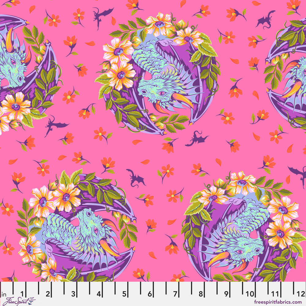 The image is a vibrant and colorful fabric pattern featuring a dragon surrounded by flowers and leaves. The pattern is composed of multiple circular designs, each with a dragon and floral motif. The fabric appears to be a mix of pink, purple, and orange colors, creating a visually striking and whimsical design.