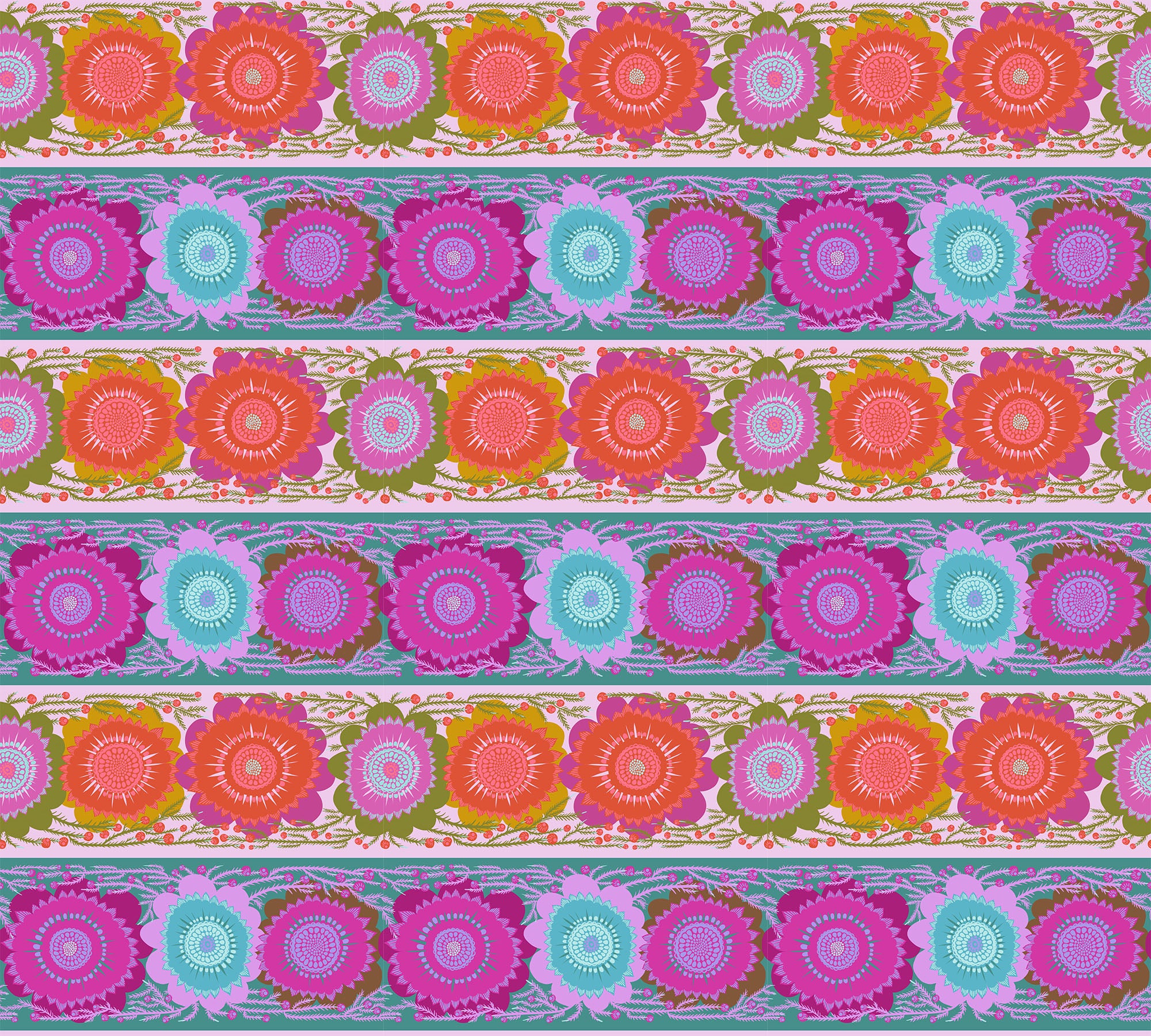 a repeating pattern of colorful flowers with circular centers, arranged in a horizontal row. The flowers display a variety of colors, including shades of pink, orange, blue, and green. The pattern repeats across the entire image, creating a visually striking and vibrant design.