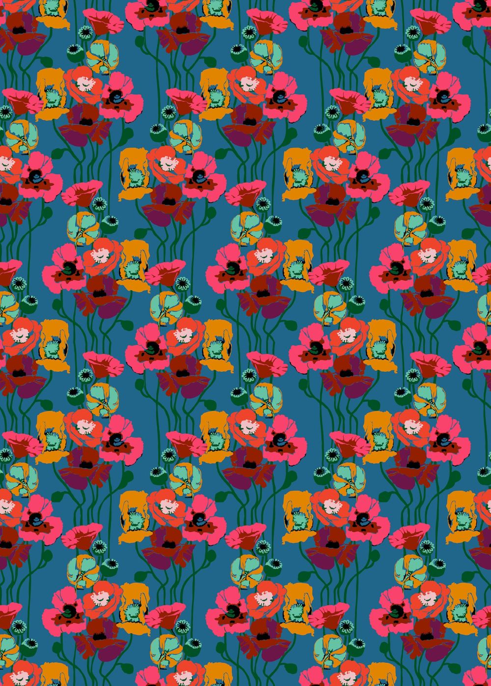 The image is a repeating pattern of colorful flowers in various shades of pink, orange, and green against a blue background.