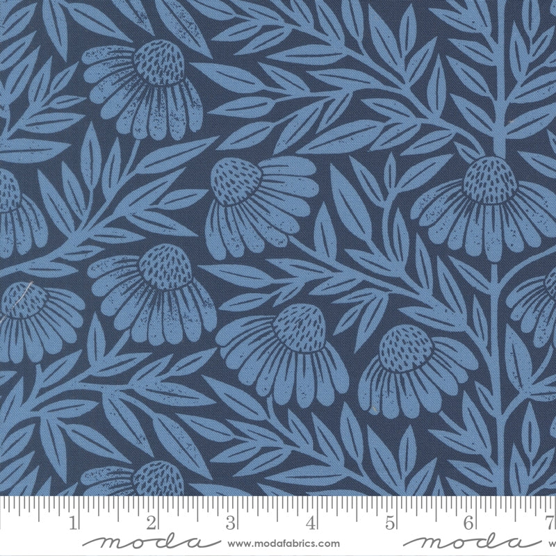 a repeating pattern of blue flowers and leaves on a dark blue background.